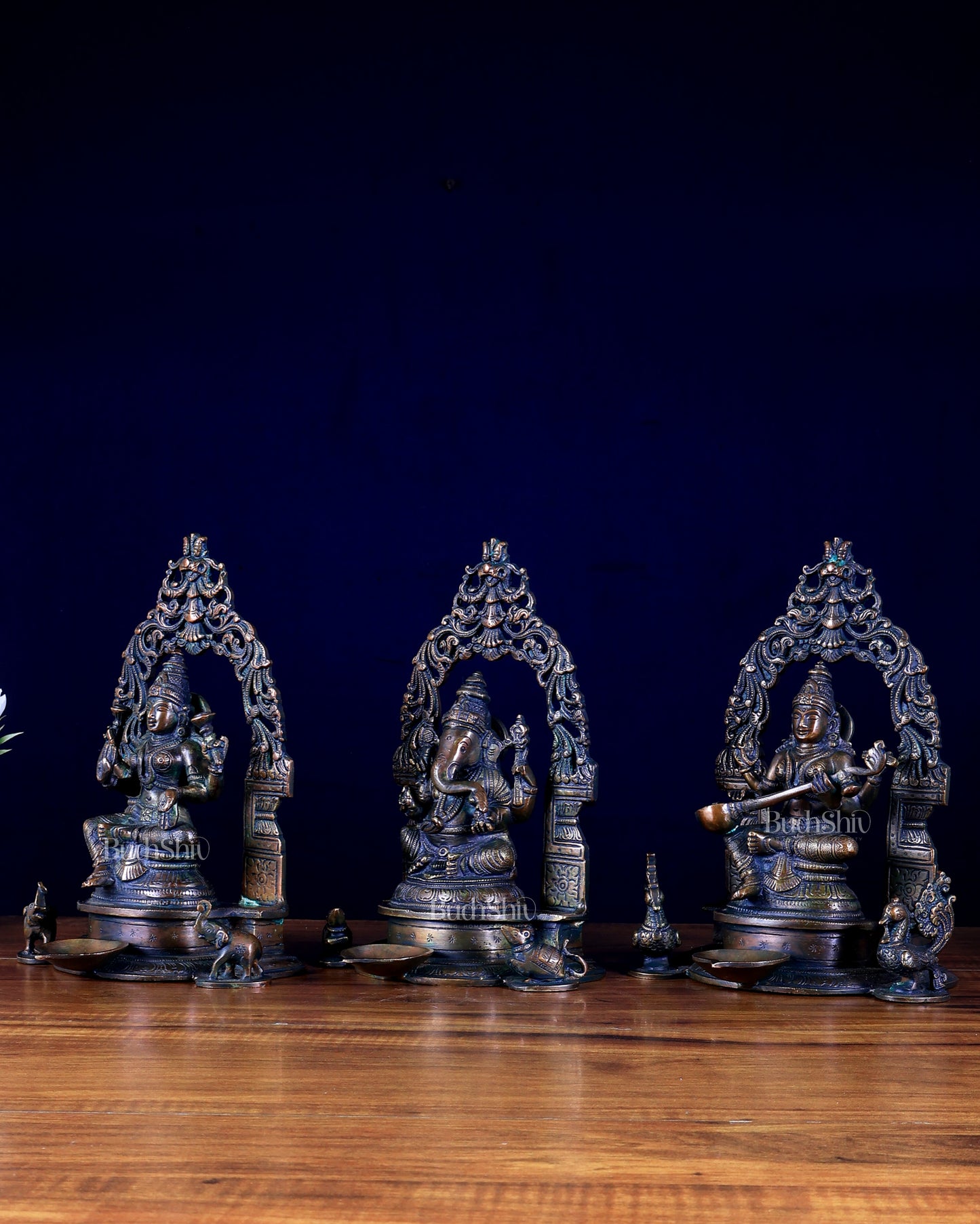 Set of Three – Ganesha, Lakshmi & Saraswati with Attached Diyas & Prabhavalis