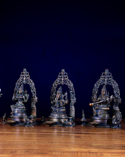 Set of Three – Ganesha, Lakshmi & Saraswati with Attached Diyas & Prabhavalis
