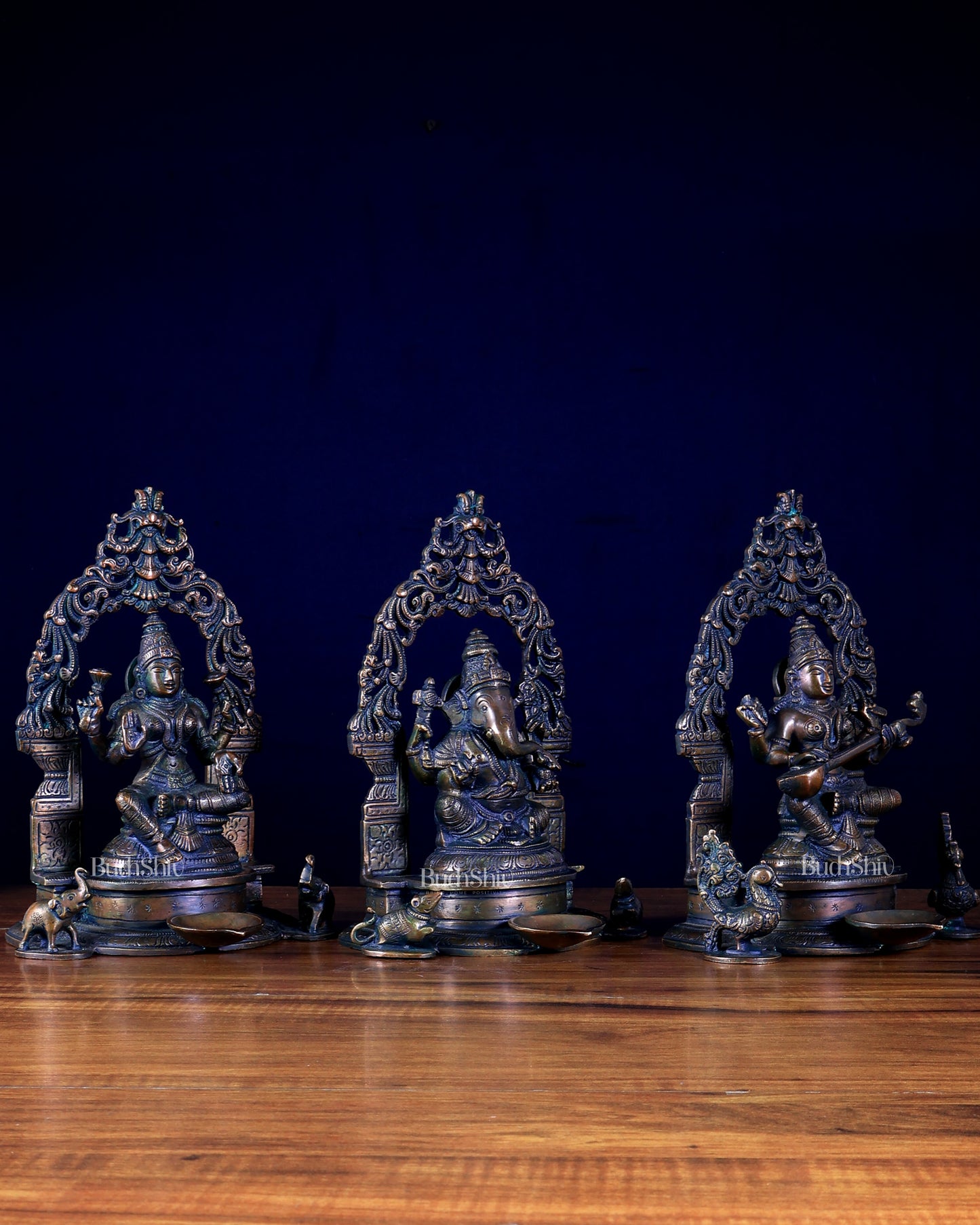 Set of Three – Ganesha, Lakshmi & Saraswati with Attached Diyas & Prabhavalis