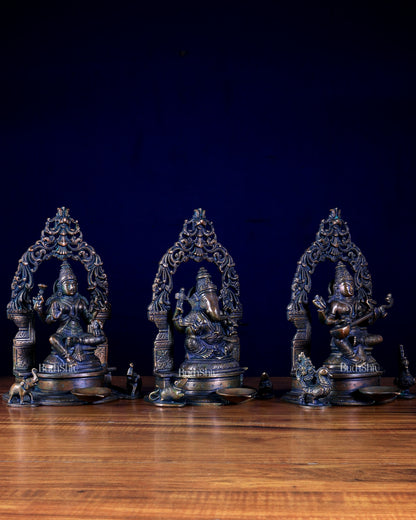 Set of Three – Ganesha, Lakshmi & Saraswati with Attached Diyas & Prabhavalis