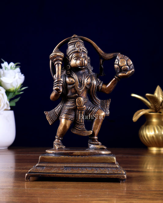 Pure Brass Sanjeevani Hanuman Idol – Burnt Brass Finish 6.5 inch