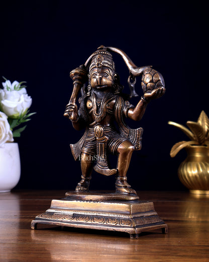 Pure Brass Sanjeevani Hanuman Idol – Burnt Brass Finish 6.5 inch