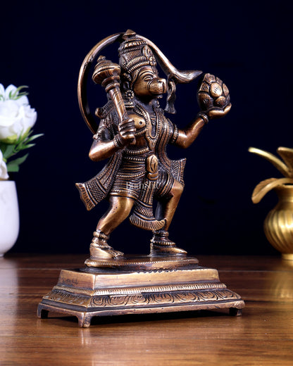 Pure Brass Sanjeevani Hanuman Idol – Burnt Brass Finish 6.5 inch