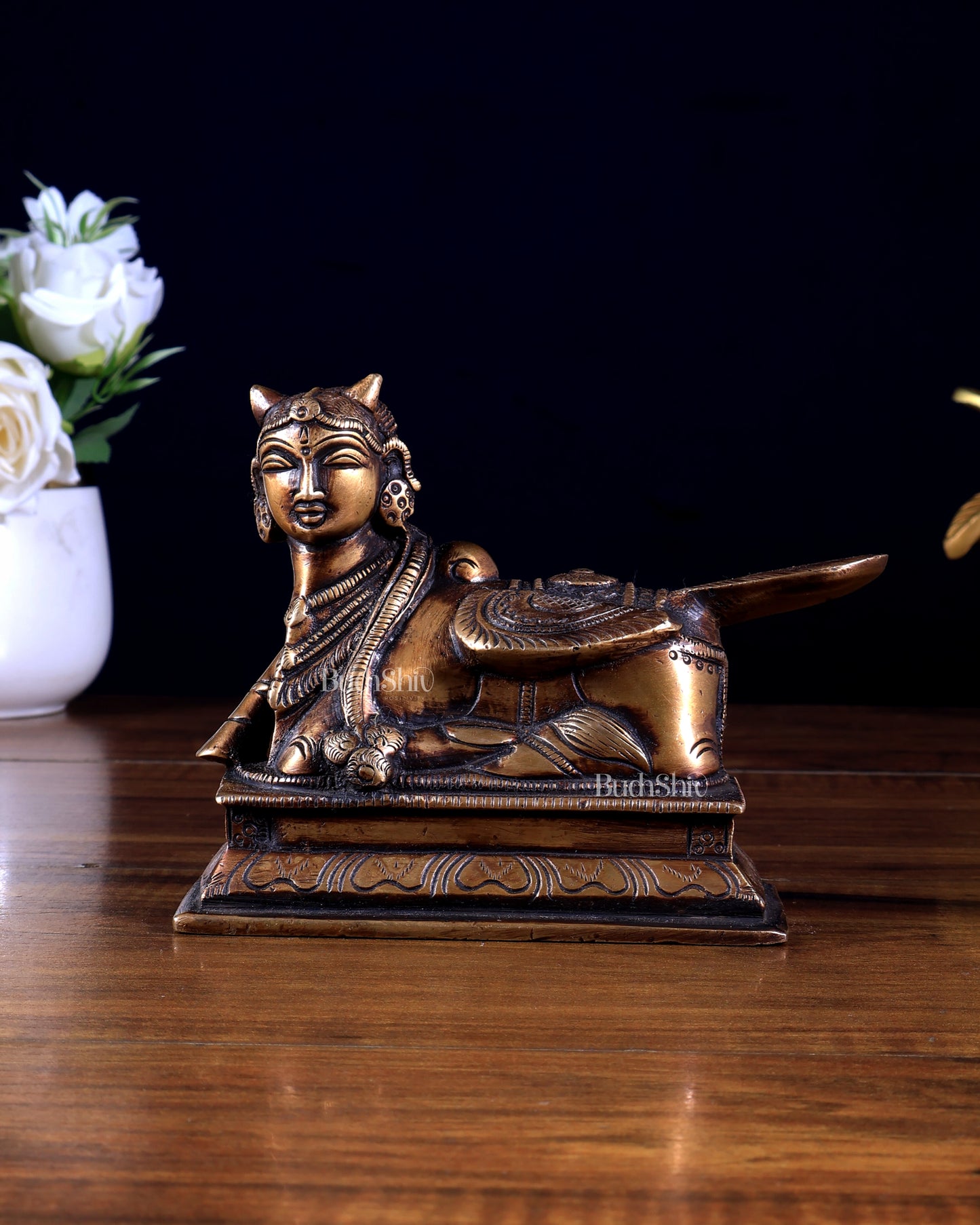 Pure Brass Sitting Kamdhenu Cow with Wings antique finish