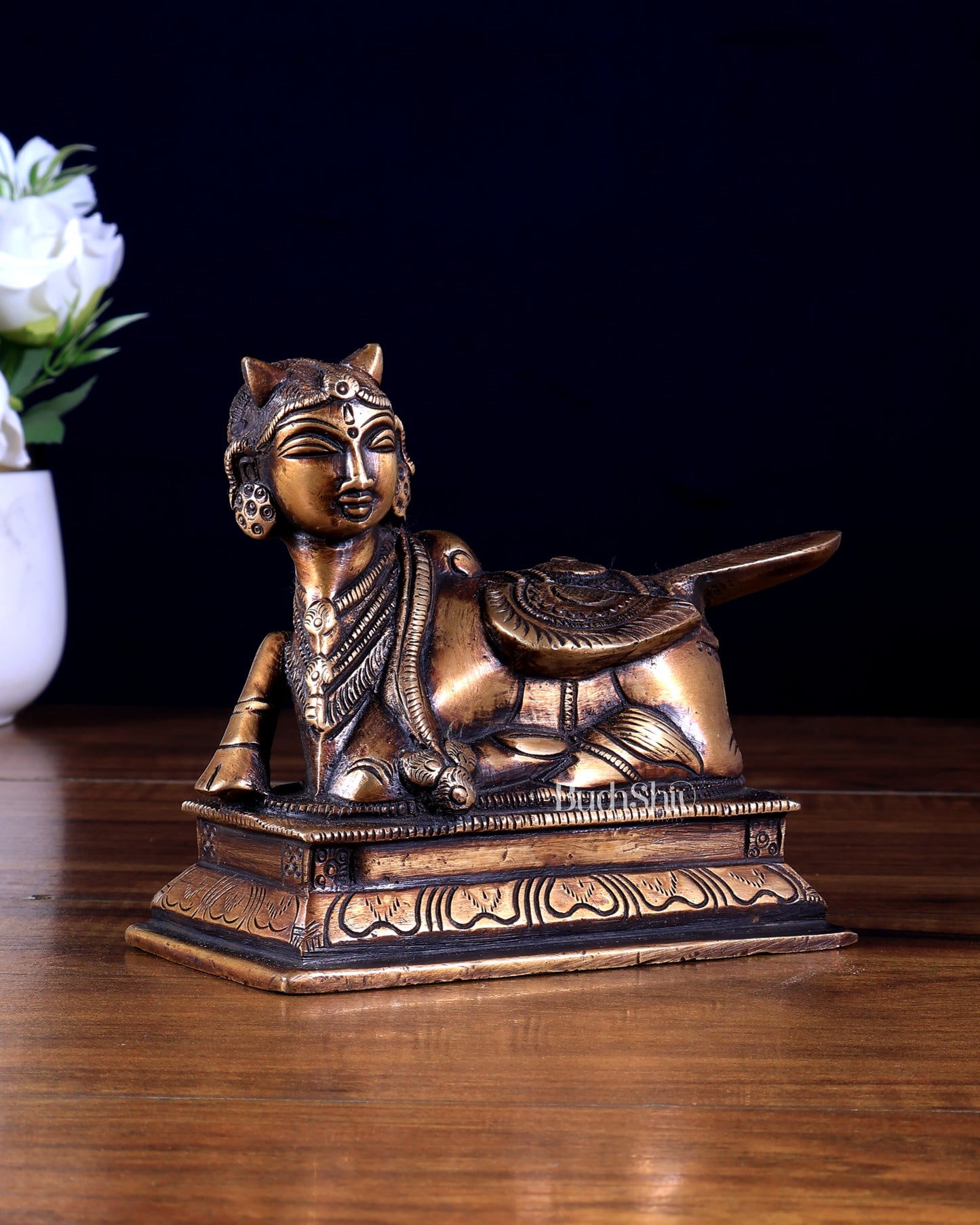 Pure Brass Sitting Kamdhenu Cow with Wings antique finish