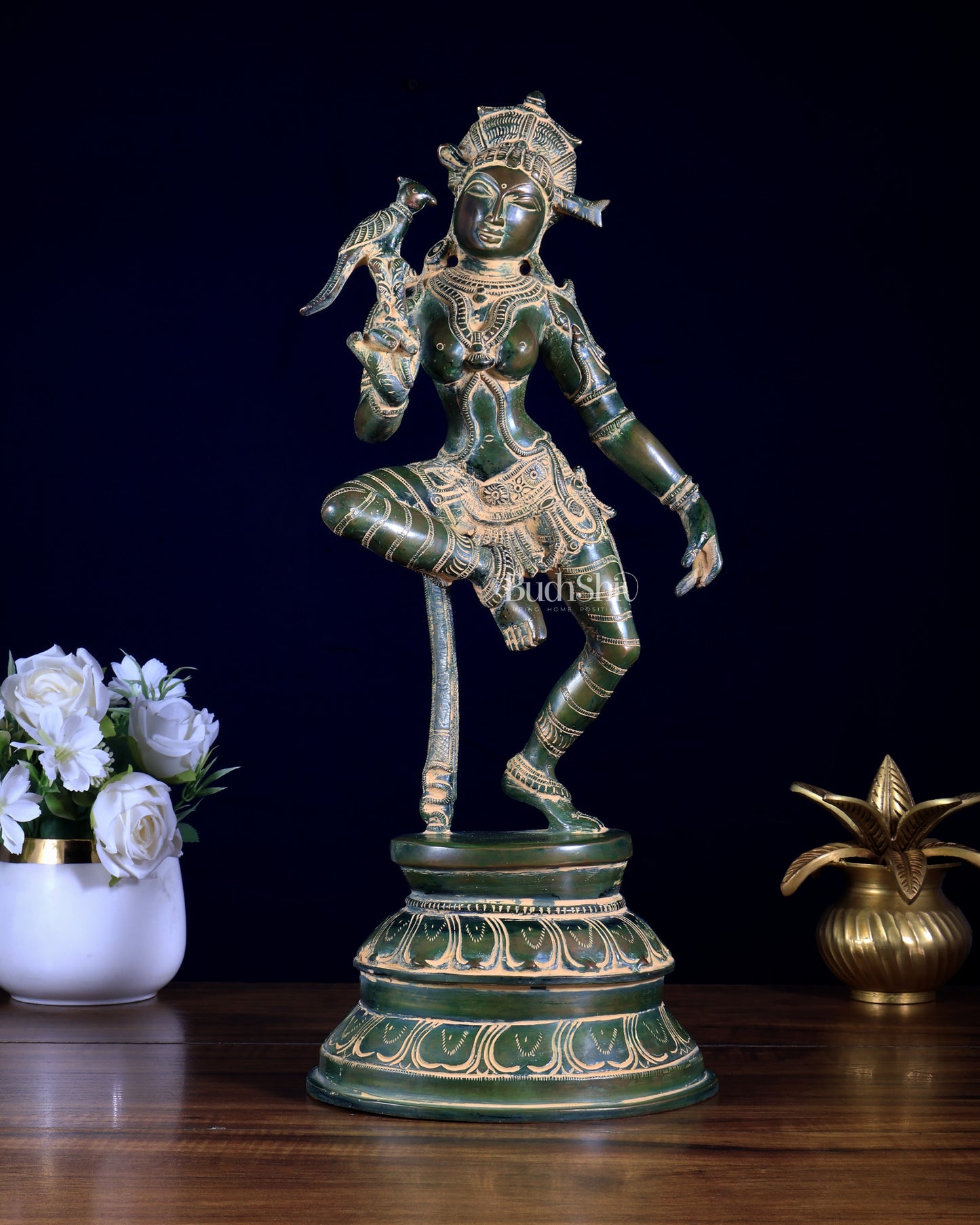 Vintage Brass Dancing Apsara with Parrot | Chola-Style Sculpture 16" green patina
