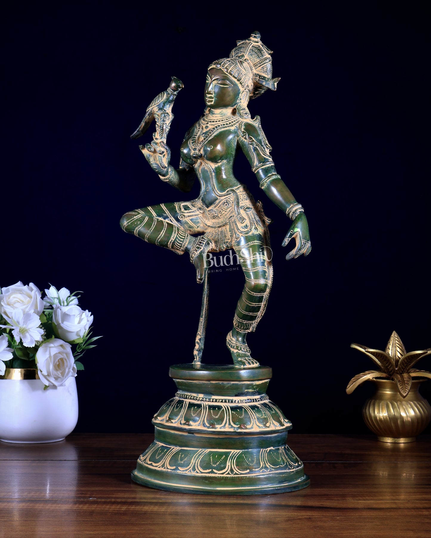Vintage Brass Dancing Apsara with Parrot | Chola-Style Sculpture 16" green patina