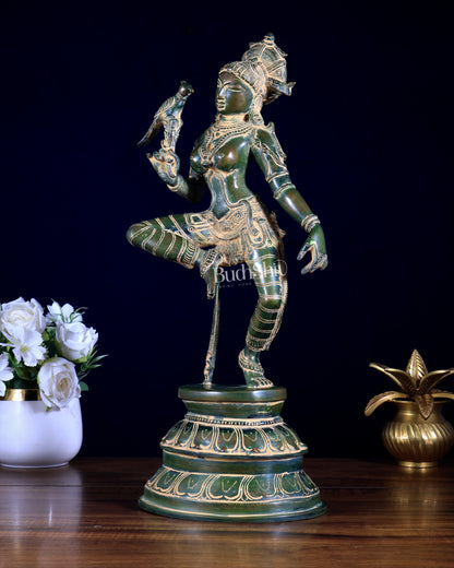 Vintage Brass Dancing Apsara with Parrot | Chola-Style Sculpture 16" green patina