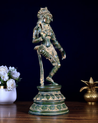 Vintage Brass Dancing Apsara with Parrot | Chola-Style Sculpture 16" green patina