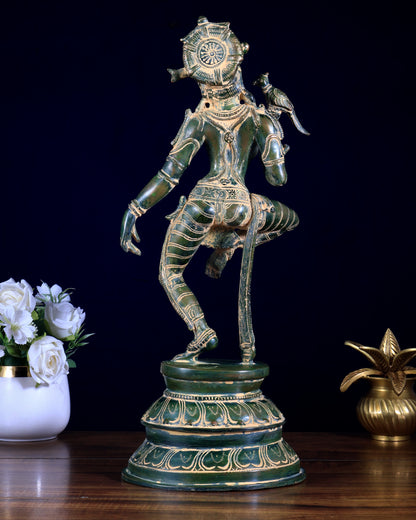 Vintage Brass Dancing Apsara with Parrot | Chola-Style Sculpture 16" green patina