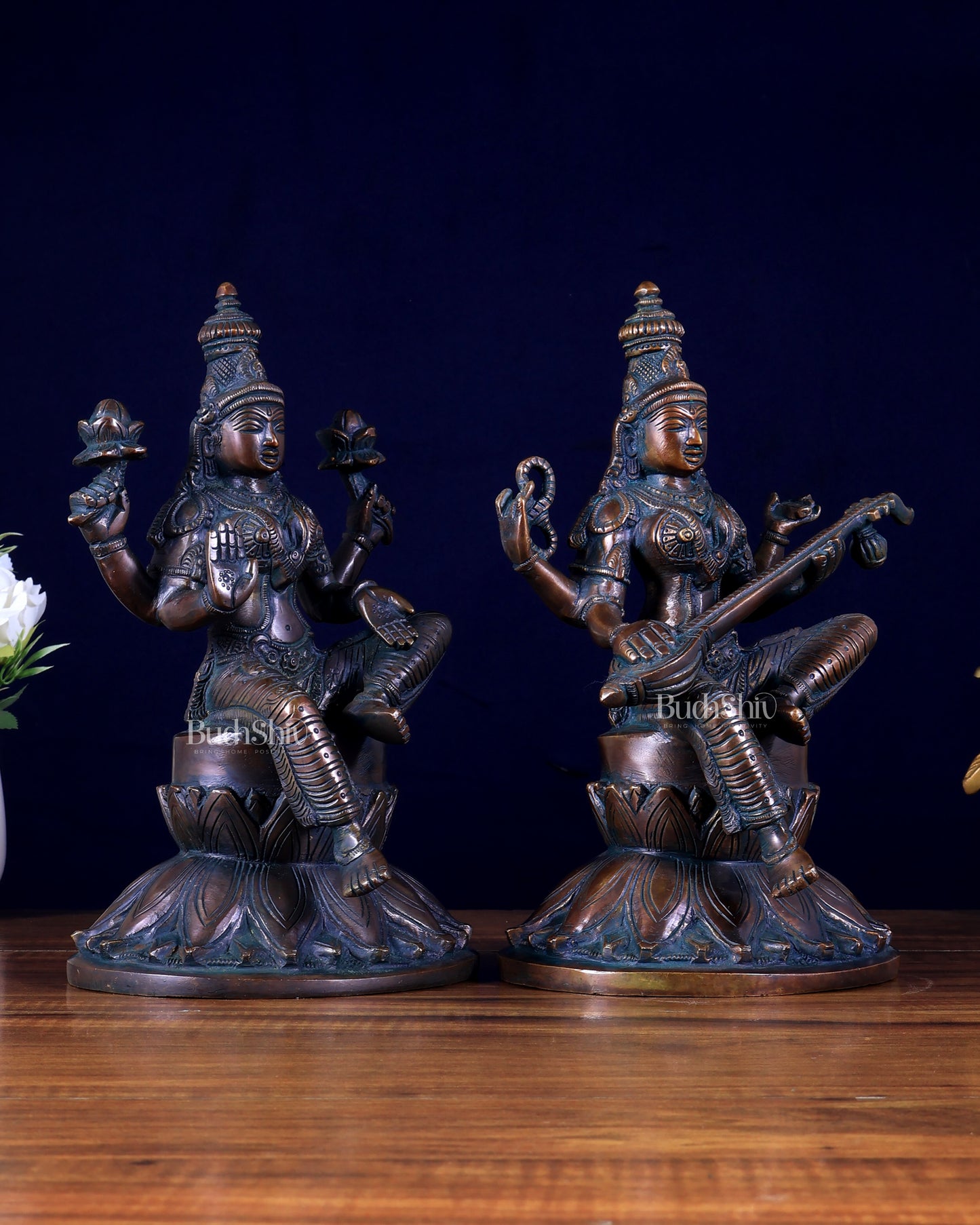 Brass Superfine Lakshmi & Saraswati Idols – Antique Tone (Pair) 10 inch