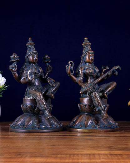 Brass Superfine Lakshmi & Saraswati Idols – Antique Tone (Pair) 10 inch