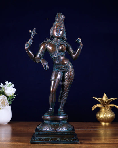 Pure Brass Ardhanarishwara Shiv Parvati Sculpture - 15.2 inch antique bronze tone