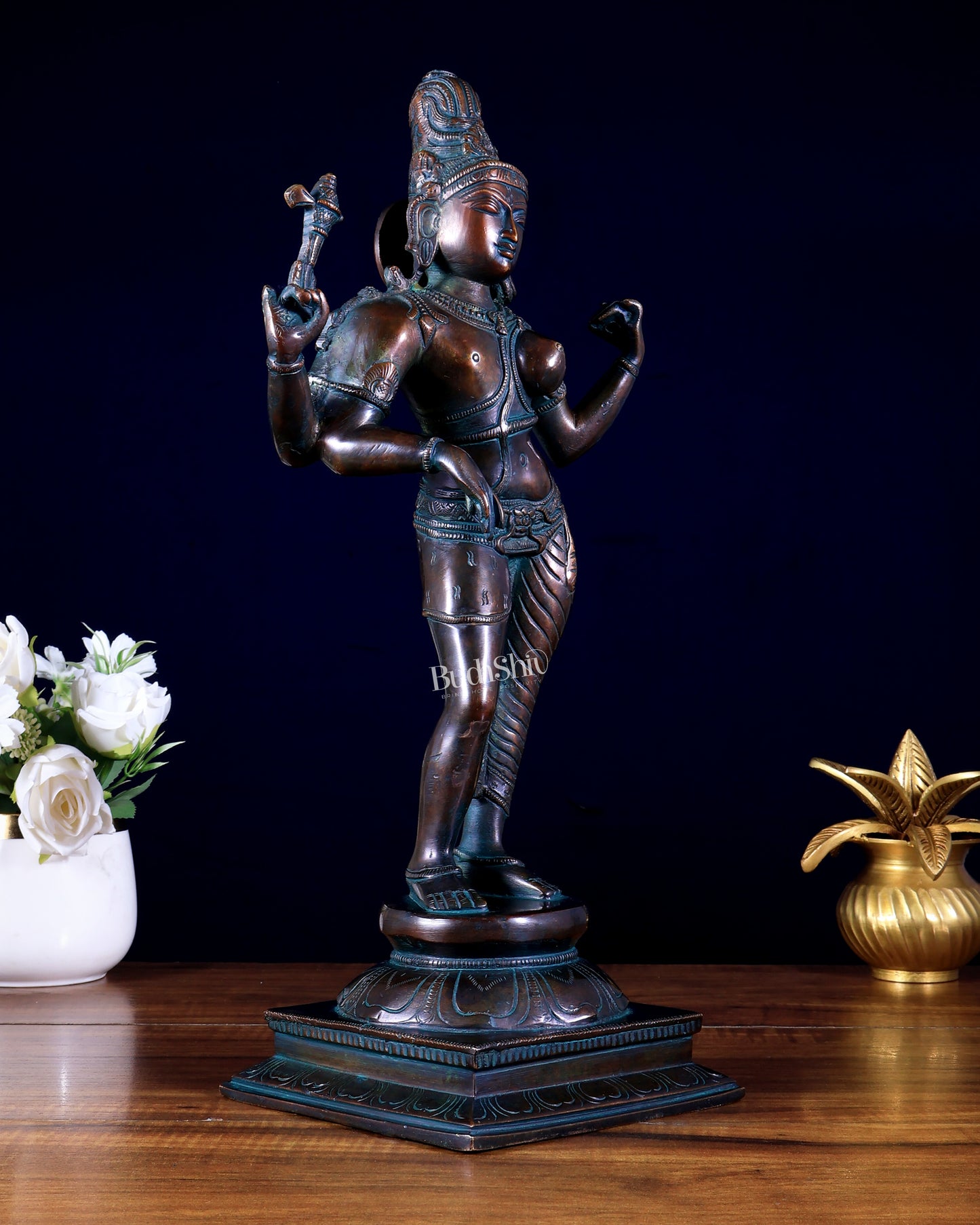 Pure Brass Ardhanarishwara Shiv Parvati Sculpture - 15.2 inch antique bronze tone