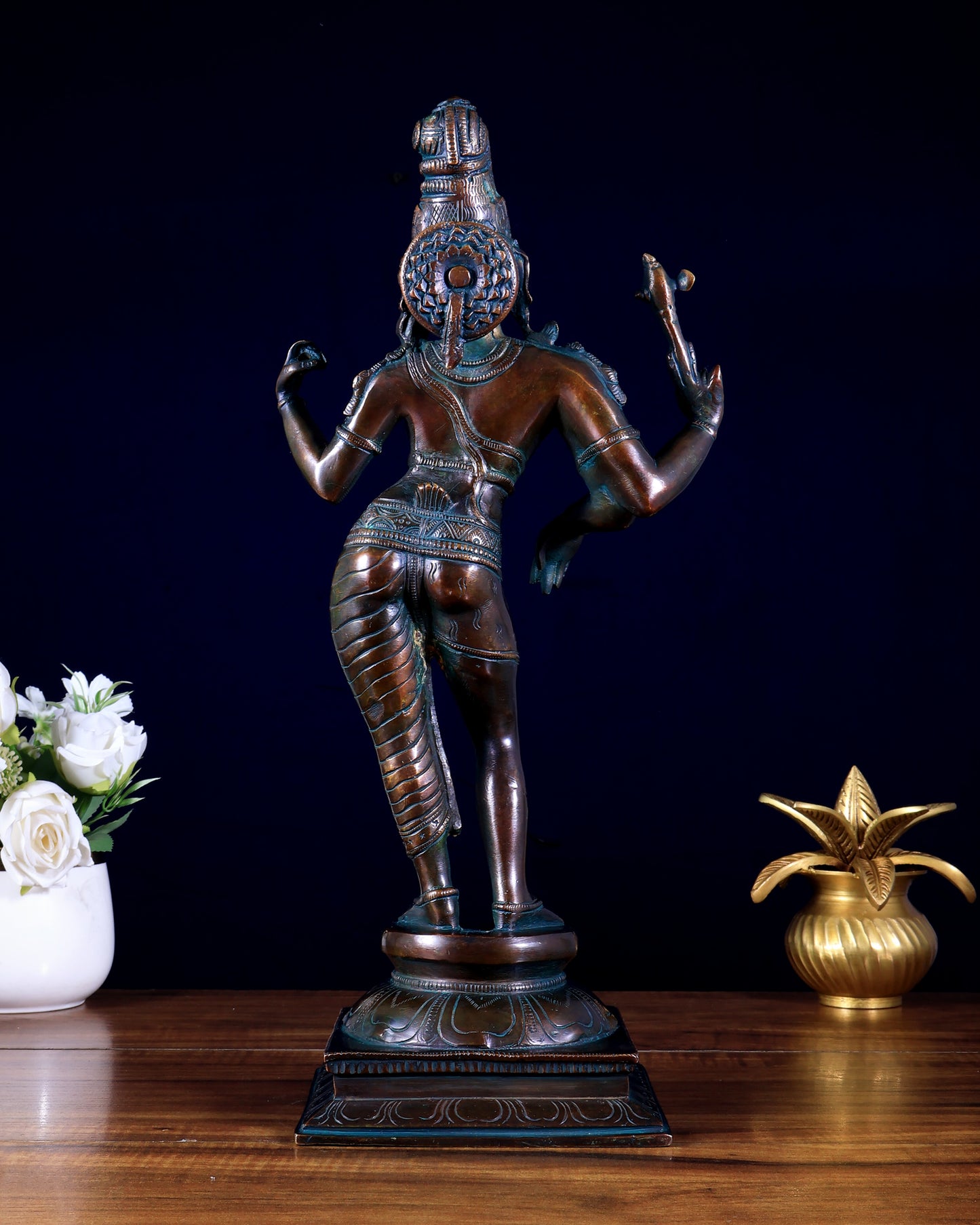 Pure Brass Ardhanarishwara Shiv Parvati Sculpture - 15.2 inch antique bronze tone