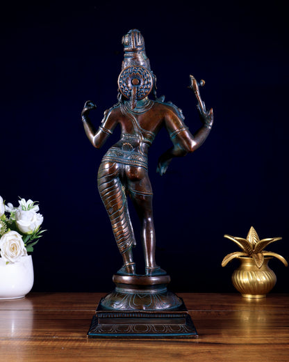Pure Brass Ardhanarishwara Shiv Parvati Sculpture - 15.2 inch antique bronze tone