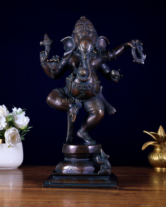 Vintage Brass Dancing Ganapati Statue – Antique Bronze Finish 15 inch