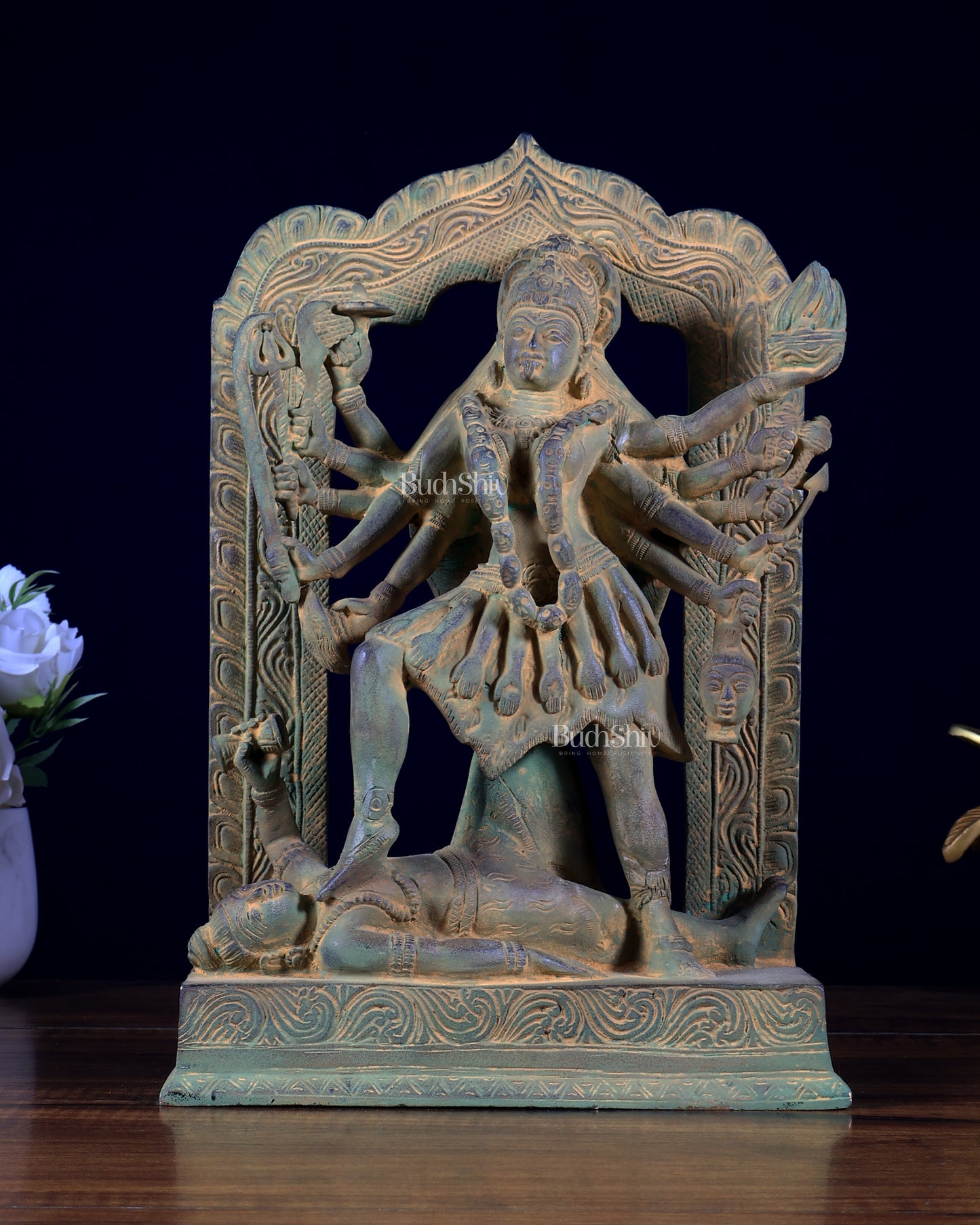 Pure Brass ten armed Goddess Mahakali with Prabhavali – Brass Sculpture 11.5 inch