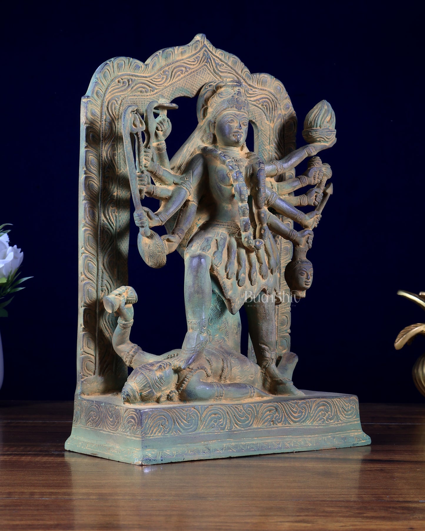 Pure Brass ten armed Goddess Mahakali with Prabhavali – Brass Sculpture 11.5 inch