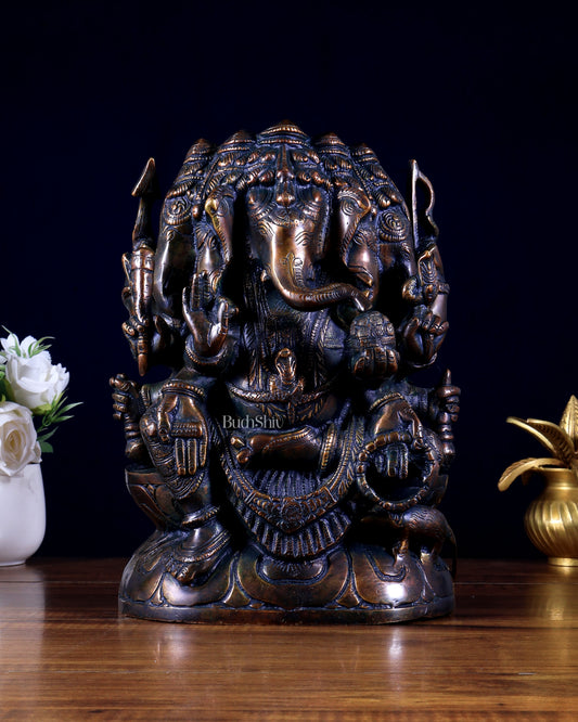 Pure Brass Panchmukhi Ganesha Statue 11" antique look