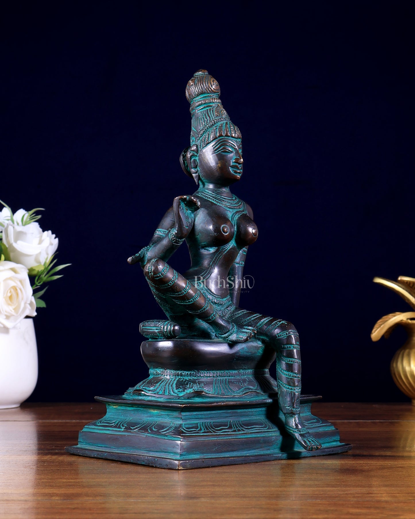 Bhoga Shakti Pure Brass Seated Parvati Idol – 9 Inch antique bronze tone