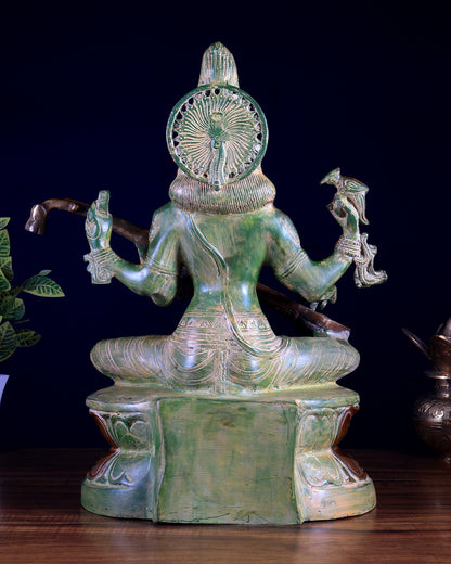 Goddess Saraswati Brass Statue – Vintage Green 18 inch