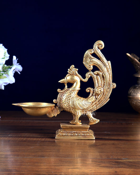 Pure Brass Peacock Design Diya – Traditional Oil Lamp