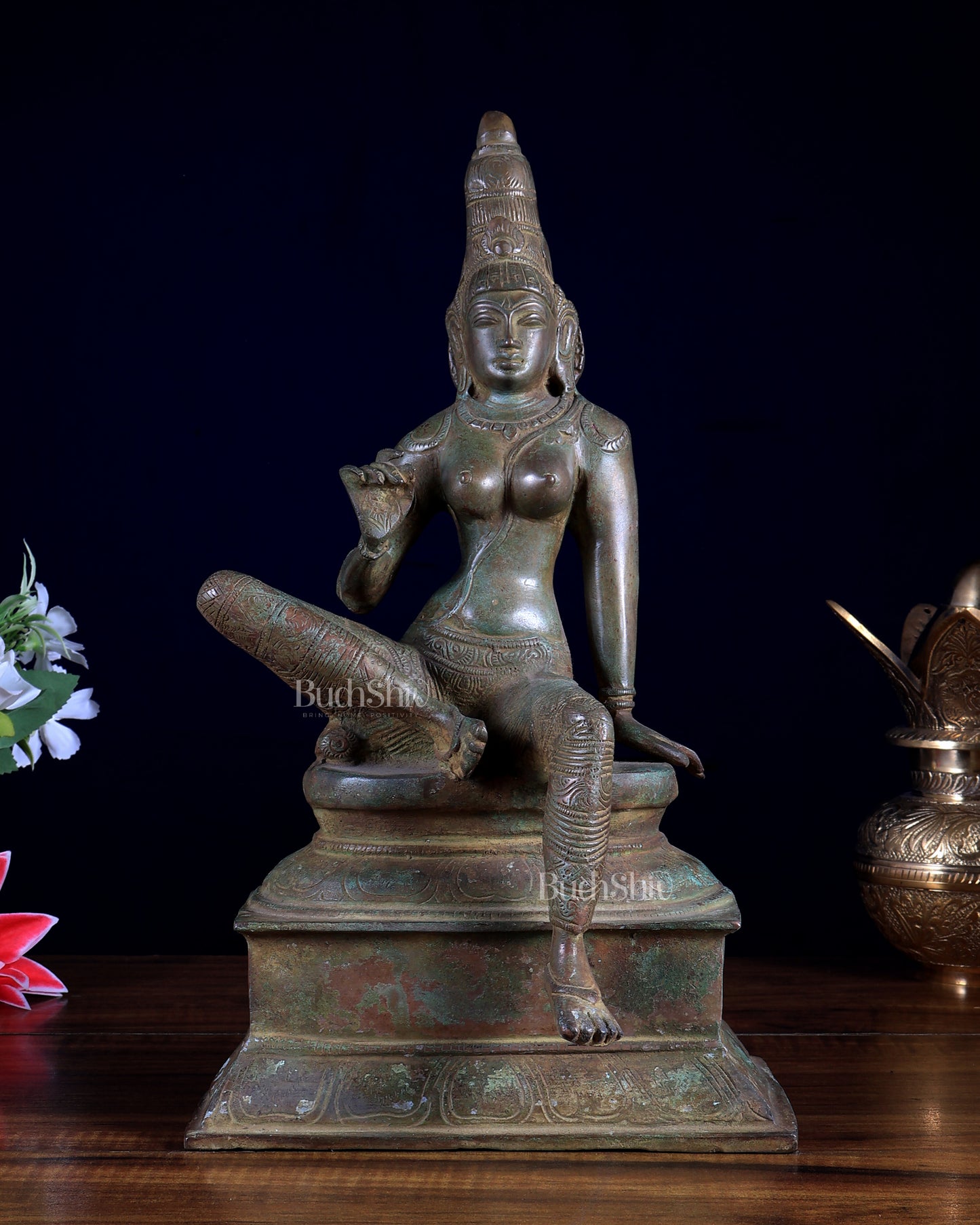 Vintage Brass Seated Uma Parvati Statue – Antique Finish 12.6"