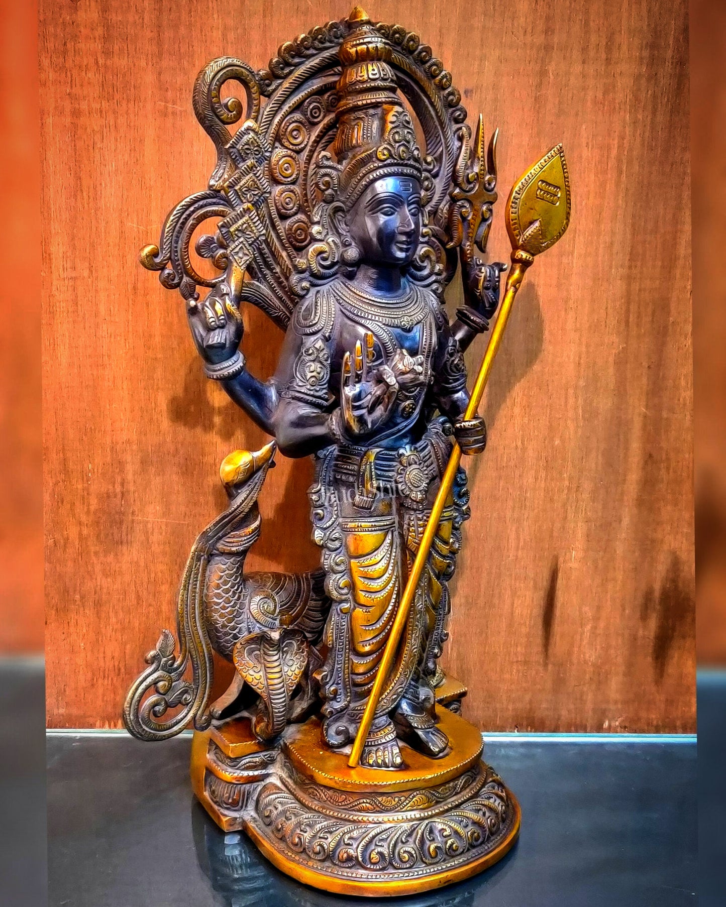 Superfine Brass Lord Murugan Statue - Peacock and Cobra - 20 inch