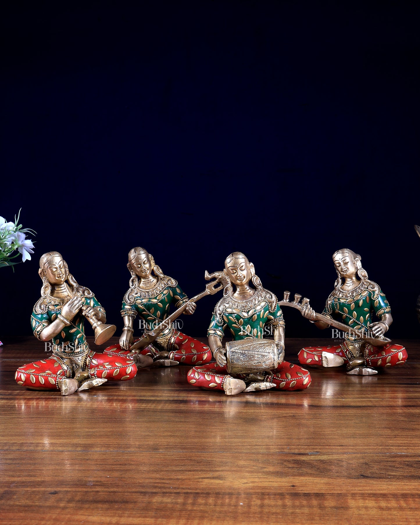 Pure Brass Tribal Lady Musicians – Set of 4 Decorative Showpieces