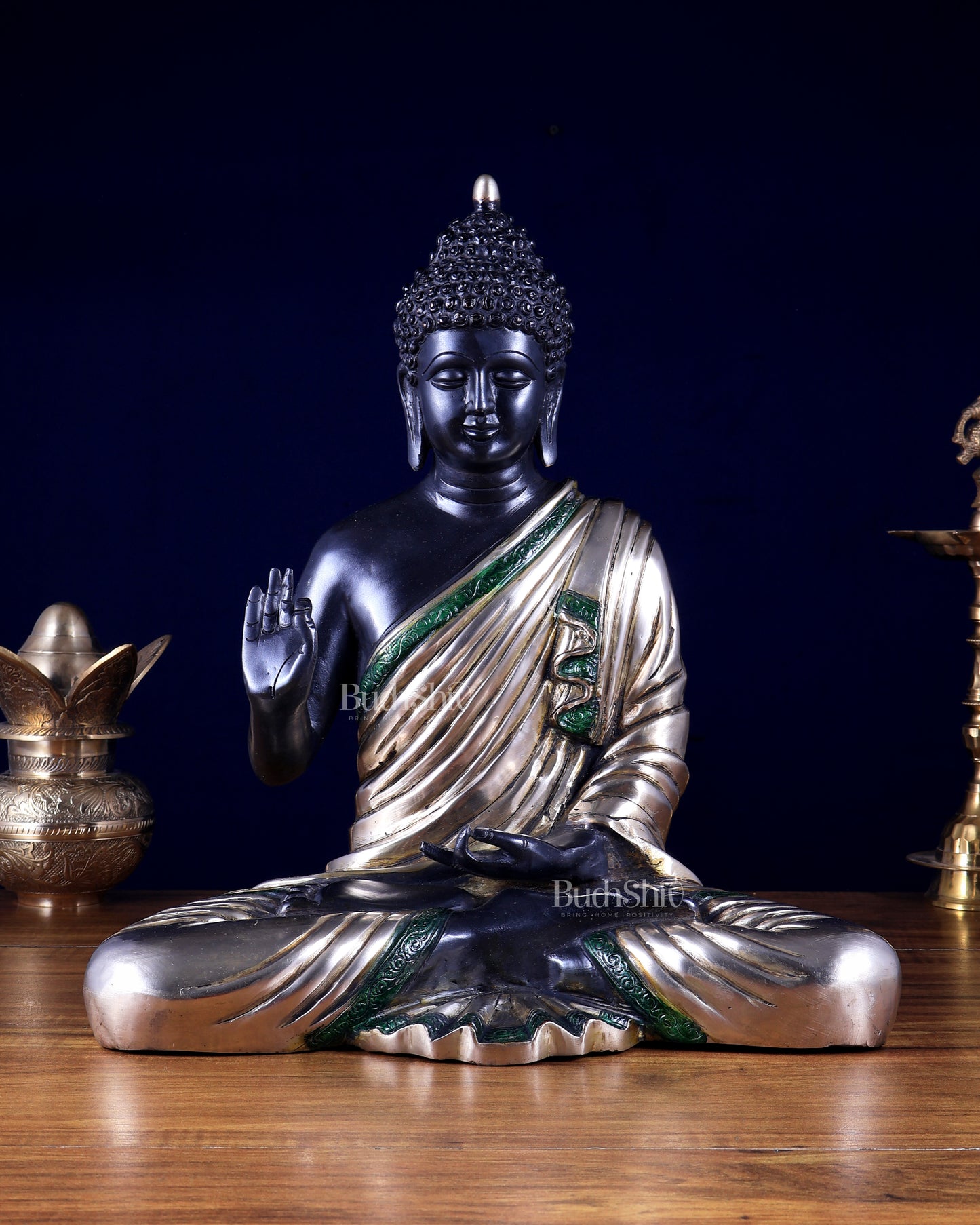 Pure Brass Blessing Buddha Statue black finish – 15"