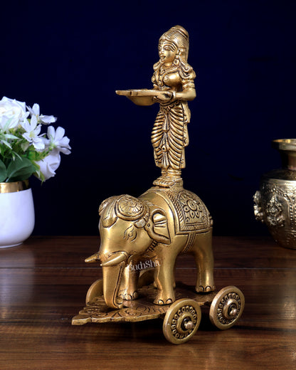 Pure Brass Deep Lady Standing on Elephant with Wheels 10.5 inch