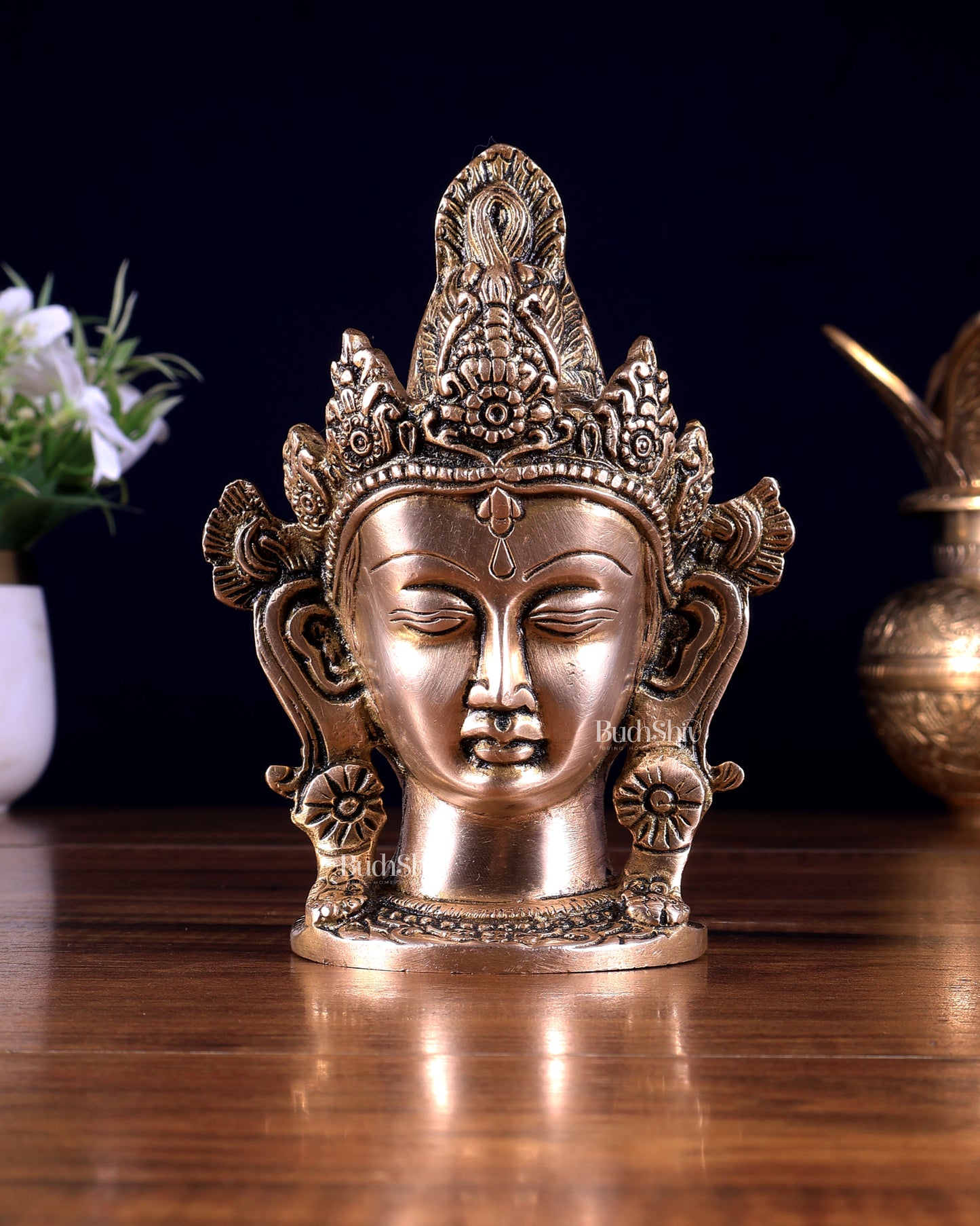 Brass Crowned Tara Face Head Statue – Table Accent Decor