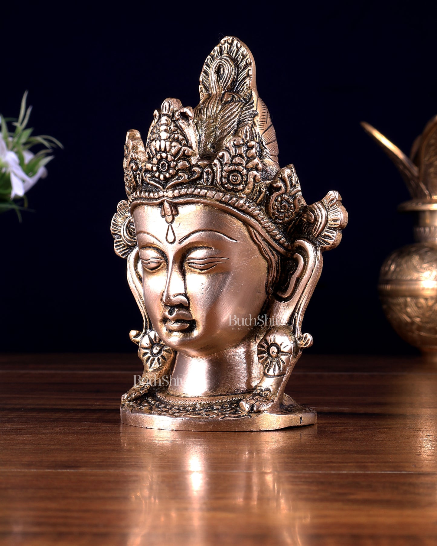 Brass Crowned Tara Face Head Statue – Table Accent Decor