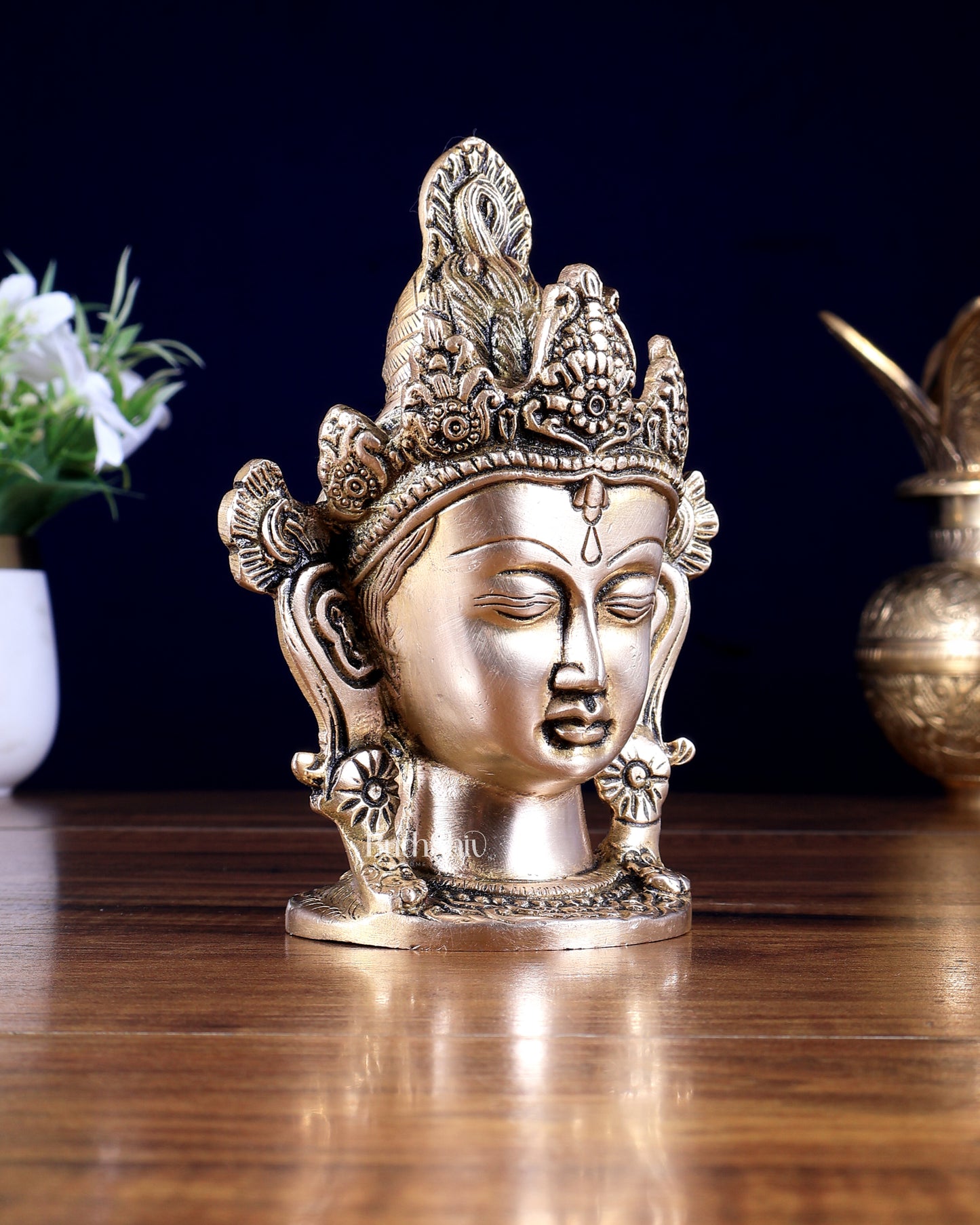 Brass Crowned Tara Face Head Statue – Table Accent Decor