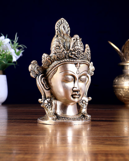 Brass Crowned Tara Face Head Statue – Table Accent Decor