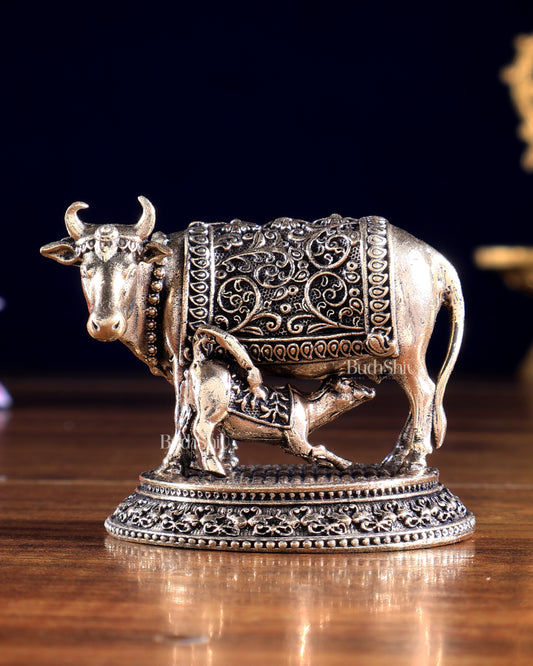 Brass Superfine Miniature Kamdhenu Cow with Calf – Prosperity Idol & Gift Showpiece 2.5 inch