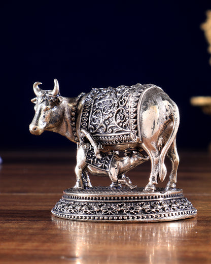 Brass Superfine Miniature Kamdhenu Cow with Calf – Prosperity Idol & Gift Showpiece 2.5 inch