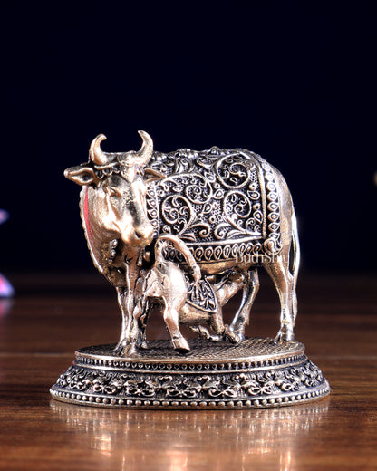 Brass Superfine Miniature Kamdhenu Cow with Calf – Prosperity Idol & Gift Showpiece 2.5 inch