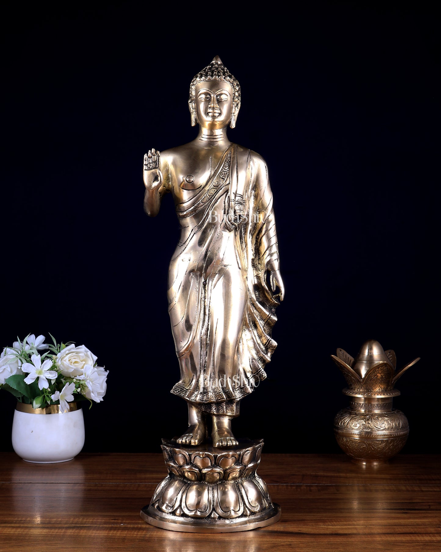 Brass Standing Buddha Statue | 21.5"