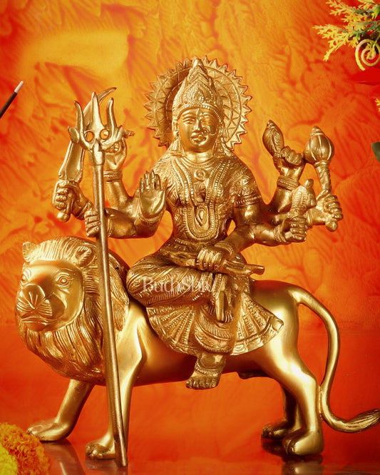 Goddess Durga brass idol with 8 arms sitting on lion  9 inch