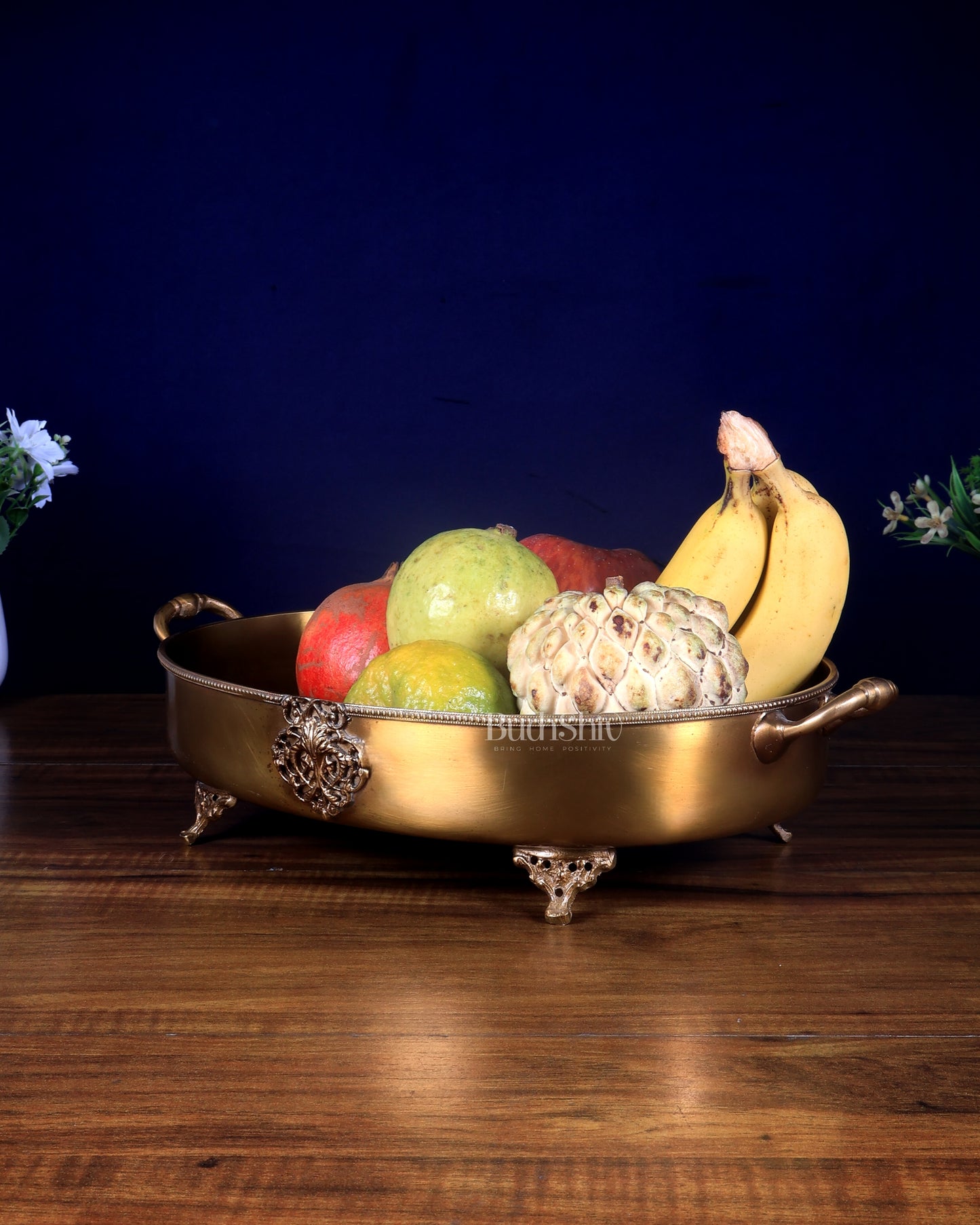 Pure Brass Lightweight Multipurpose Oval Fruit Bowl / Tray with Handle 12 inch