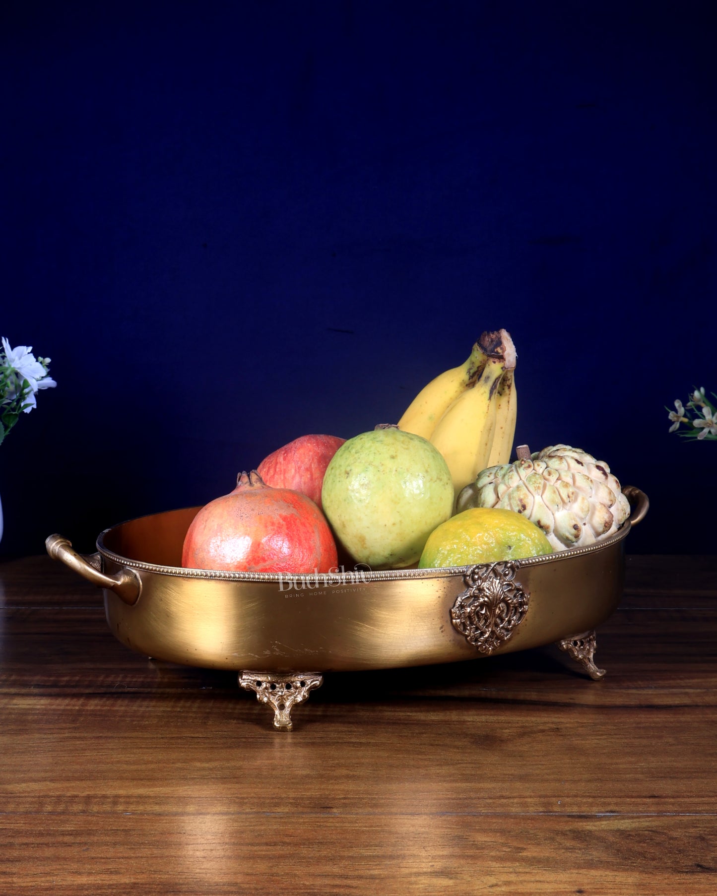 Pure Brass Lightweight Multipurpose Oval Fruit Bowl / Tray with Handle 12 inch