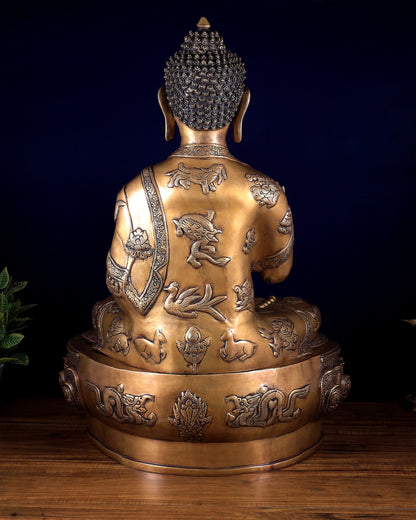 Pure Brass Large Buddha Statue with Dragon Carvings 32 inch