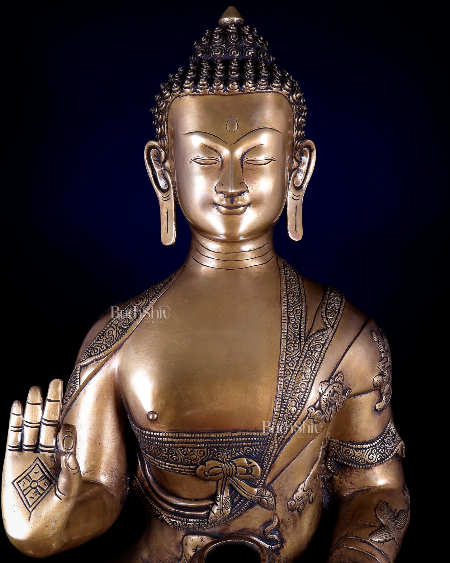 Pure Brass Large Buddha Statue with Dragon Carvings 32 inch