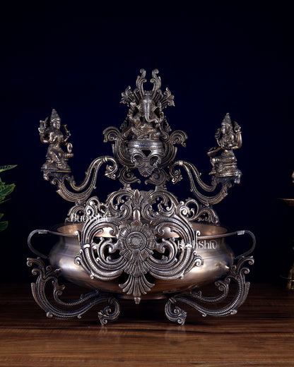 Pure Brass Large Ganesha Lakshmi Saraswati Urli – Auspicious Home Decor for Pooja & Ceremonies
