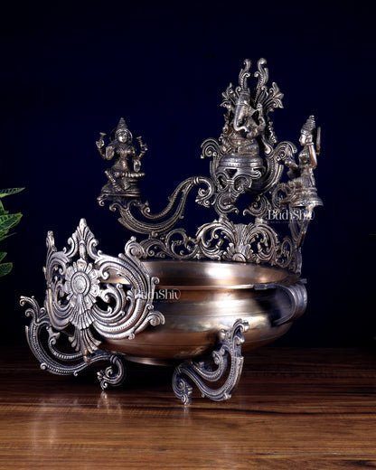 Pure Brass Large Ganesha Lakshmi Saraswati Urli – Auspicious Home Decor for Pooja & Ceremonies