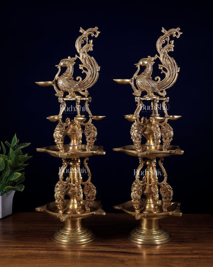 Pair of Large Brass Superfine Annam Pakshi Oil Lamps – Double Storey Vilakku 27 inch