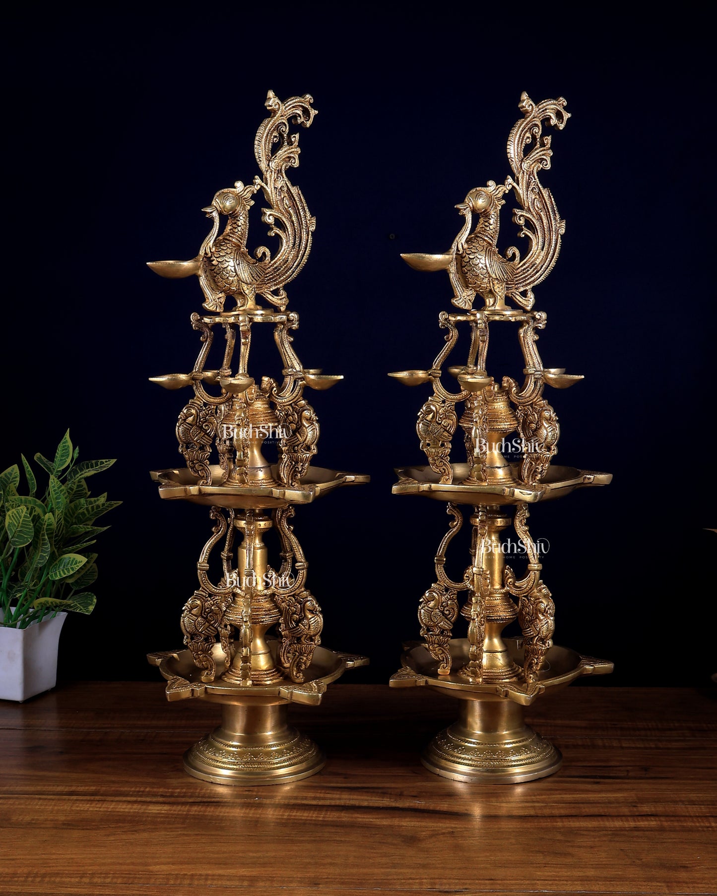 Pair of Large Brass Superfine Annam Pakshi Oil Lamps – Double Storey Vilakku 27 inch