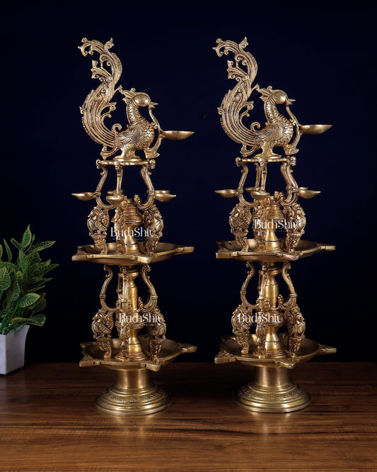 Pair of Large Brass Superfine Annam Pakshi Oil Lamps – Double Storey Vilakku 27 inch
